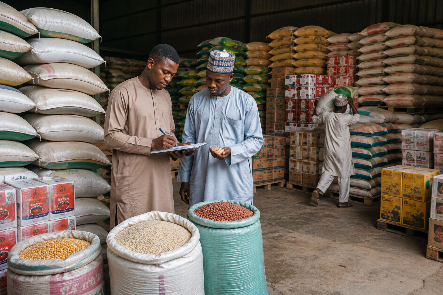 Team members inspecting sacks of grain inside the Gwarzo Agro warehouse