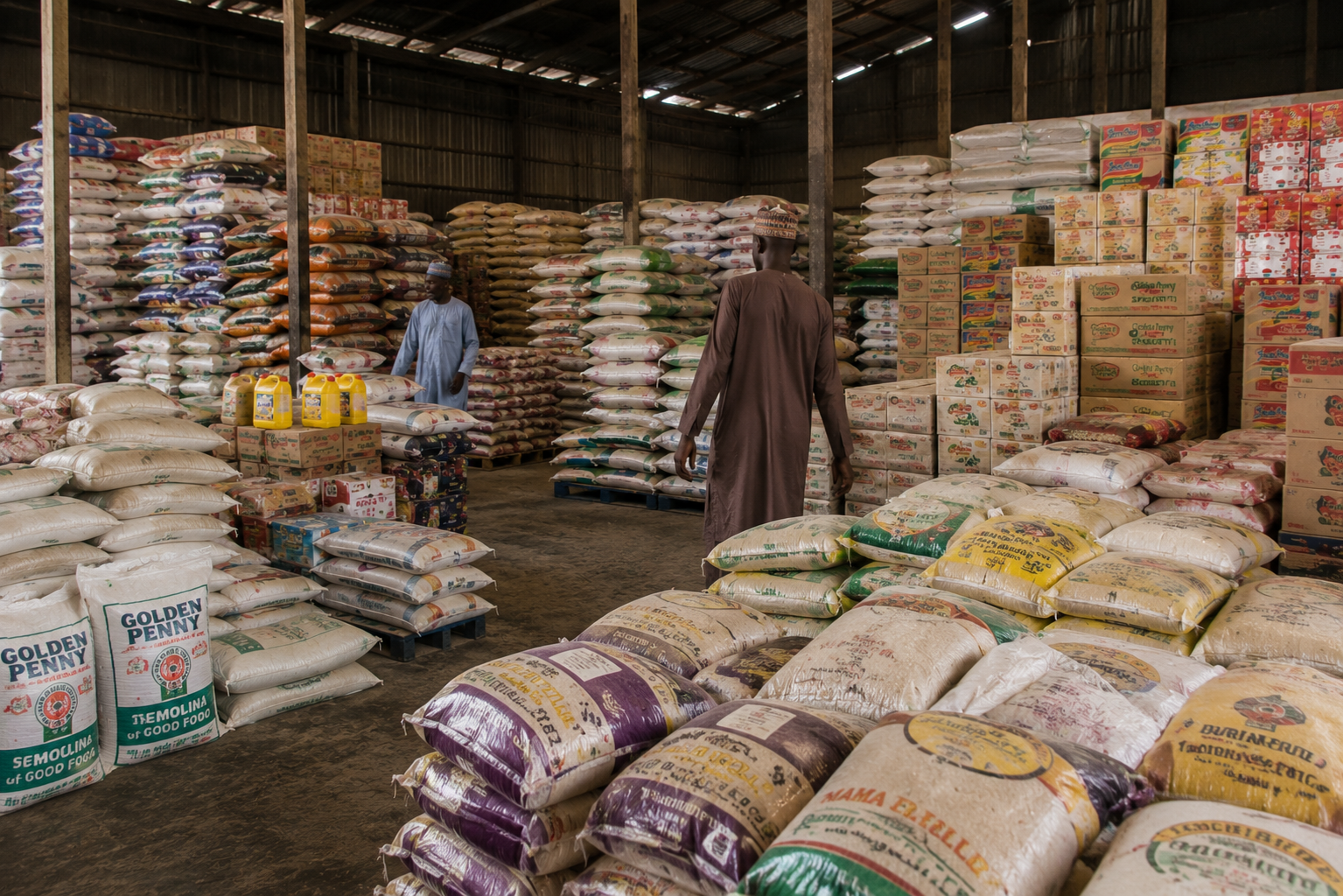 Warehouse full of stacked sacks and boxes at Gwarzo Agro