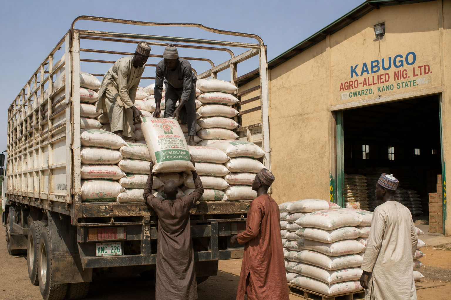 Workers loading sacks onto a truck at Kabugo Agro-Allied warehouse, Gwarzo