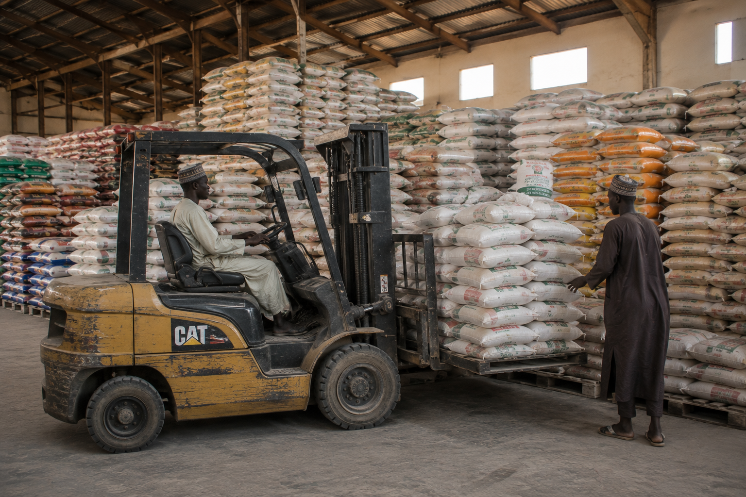 Forklift moving sacks of produce inside the warehouse