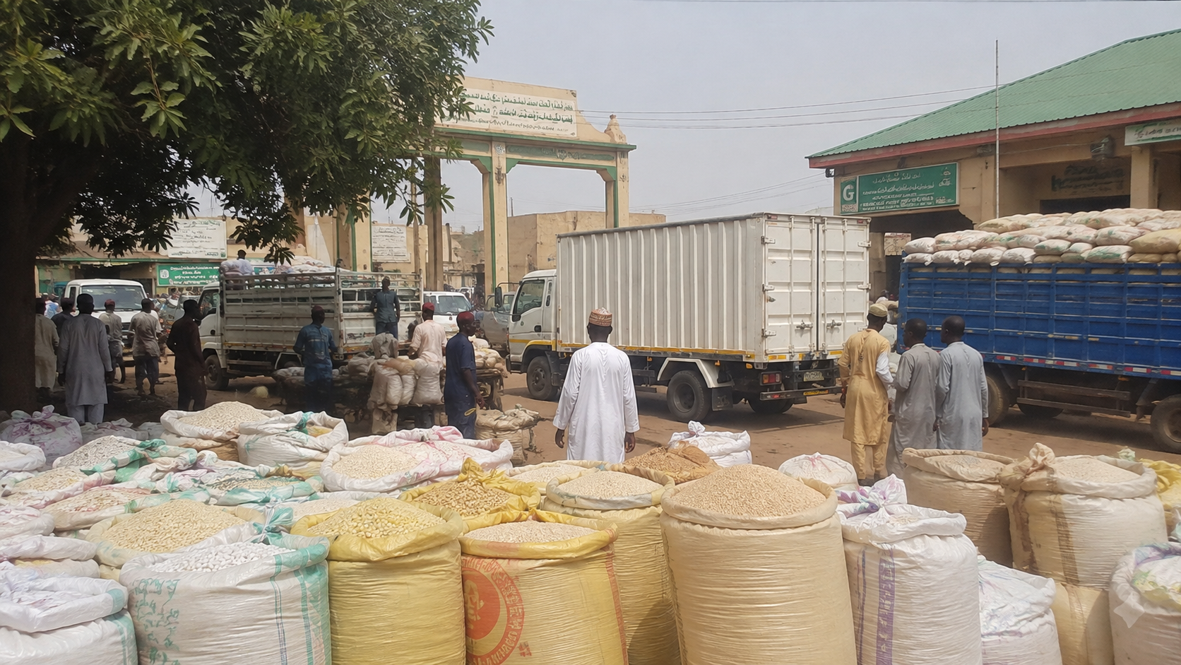 Trucks and sacks of grain at Gwarzo market, Kano State