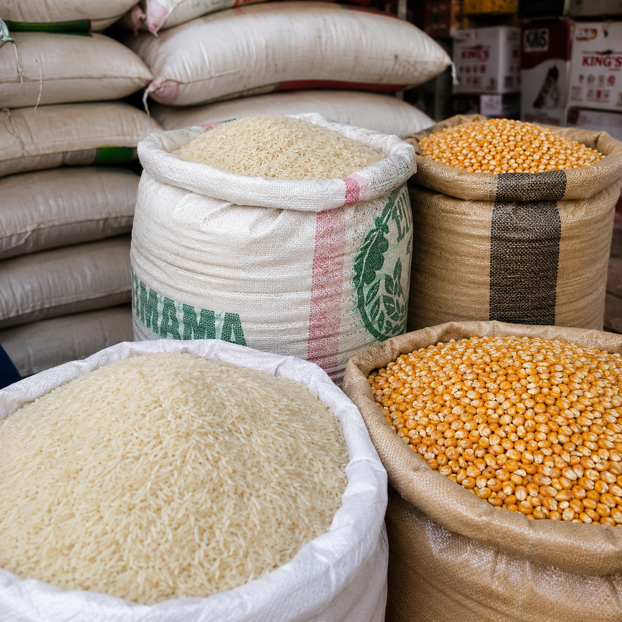 Sacks of rice and maize