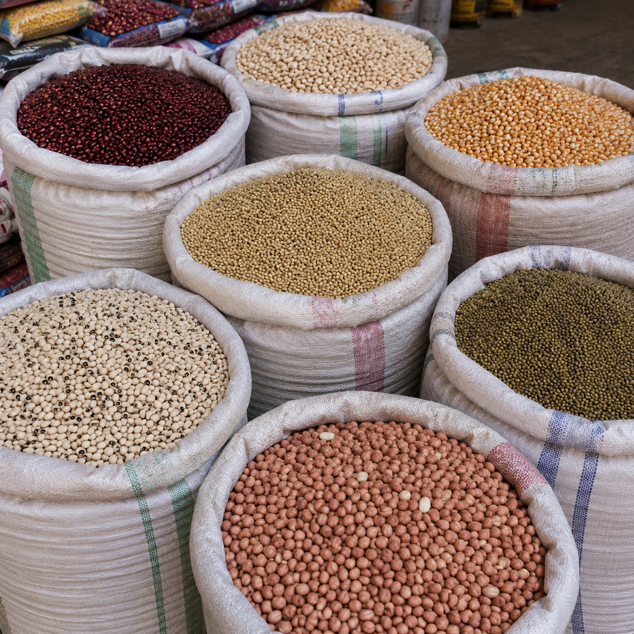 Beans, millet and sorghum in sacks
