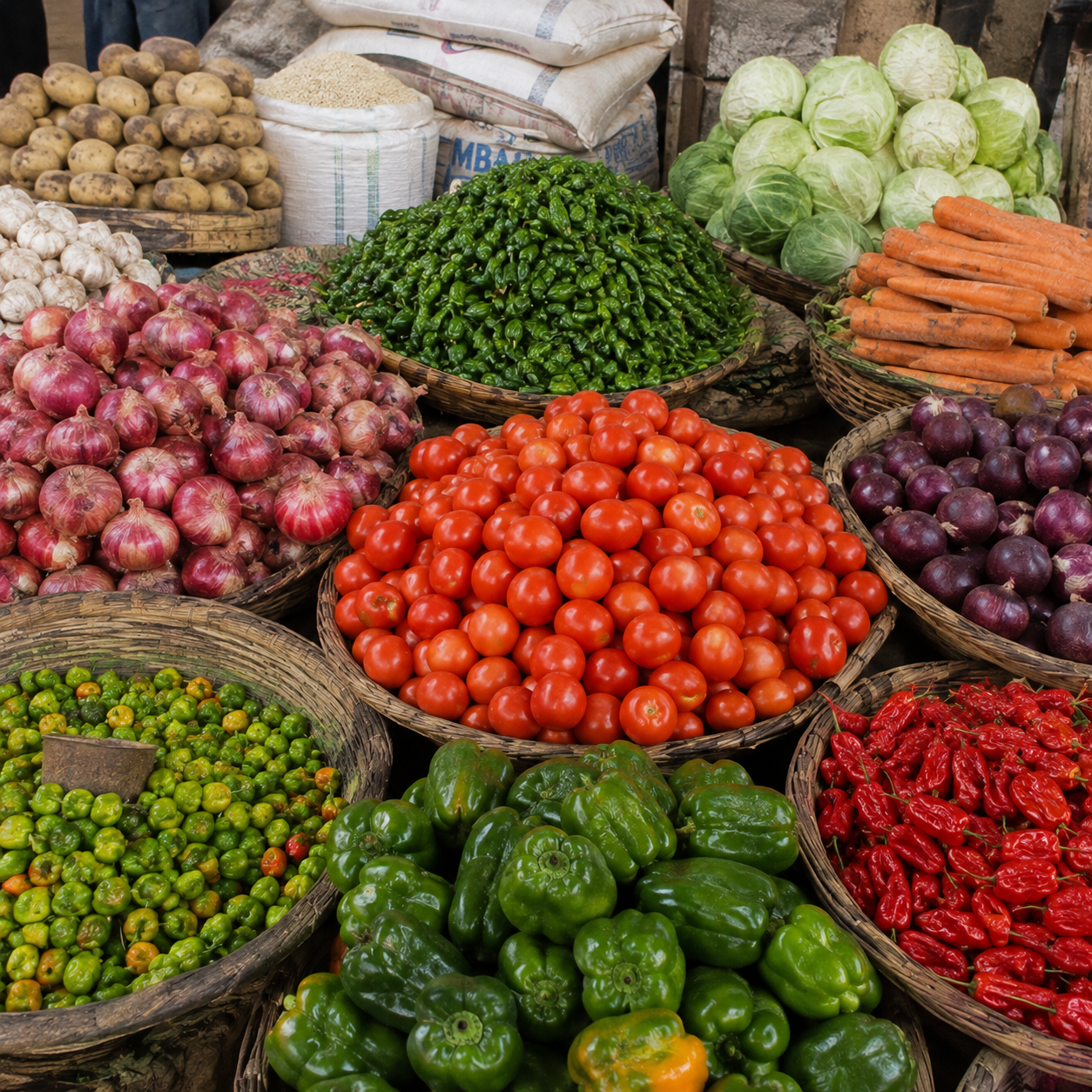 Fresh tomatoes, onions and vegetables